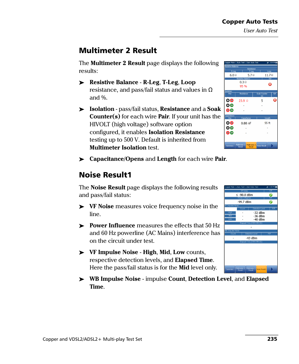 Multimeter 2 result, Noise result1 | EXFO MaxTester 635 User Manual | Page 243 / 355