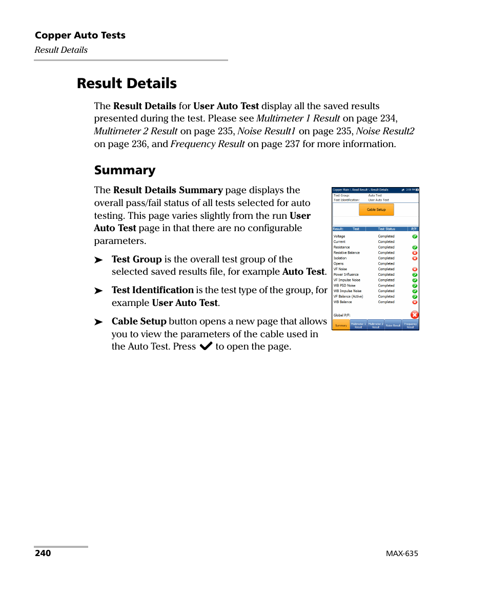 Result details, Summary | EXFO MaxTester 635 User Manual | Page 248 / 355