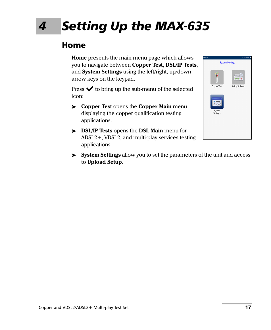 4 setting up the max-635, Home, 4setting up the max-635 | EXFO MaxTester 635 User Manual | Page 25 / 355
