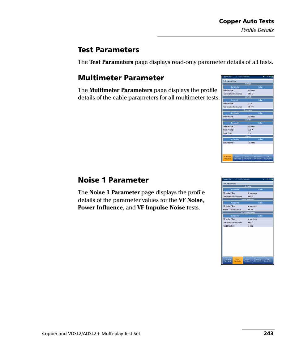 Test parameters, Multimeter parameter, Noise 1 parameter | EXFO MaxTester 635 User Manual | Page 251 / 355
