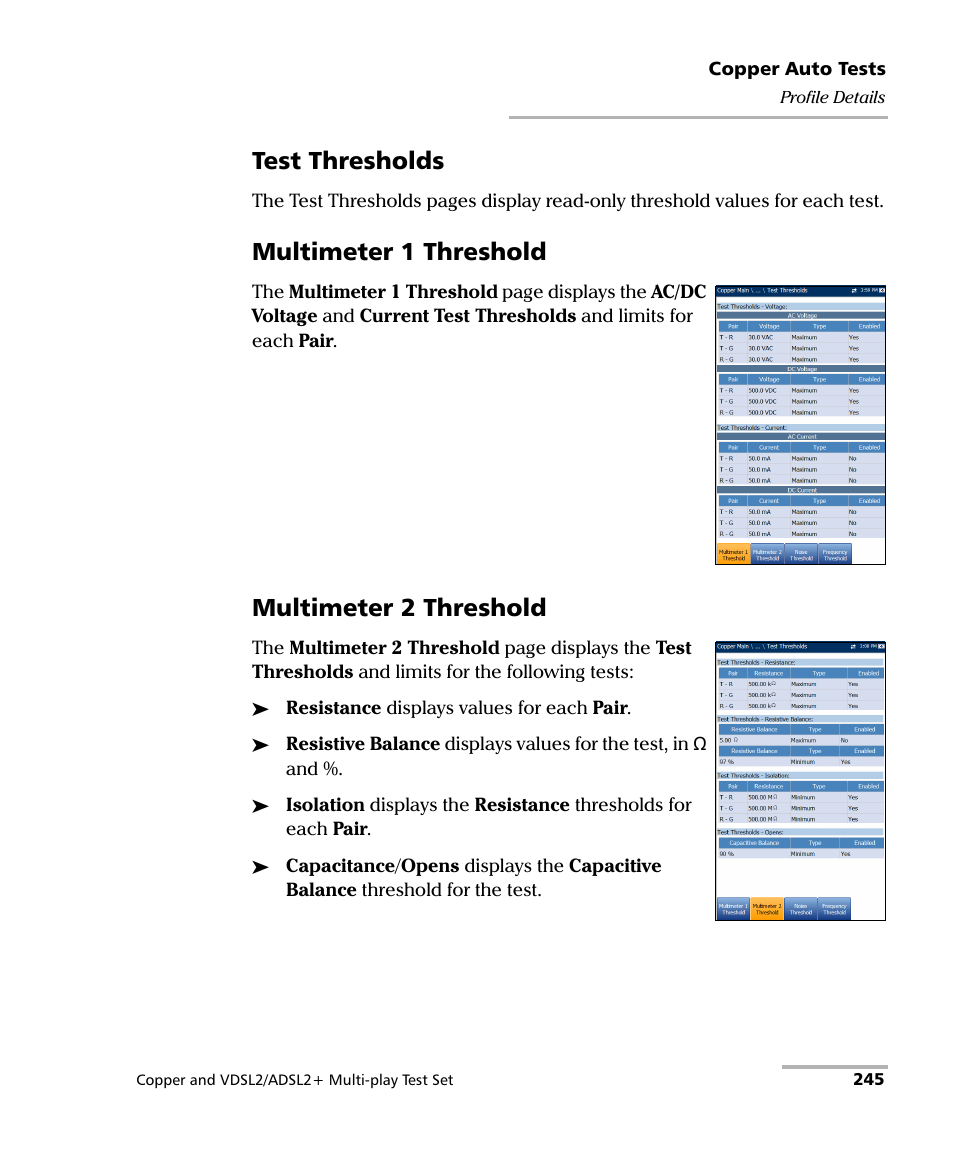 Test thresholds, Multimeter 1 threshold, Multimeter 2 threshold | EXFO MaxTester 635 User Manual | Page 253 / 355