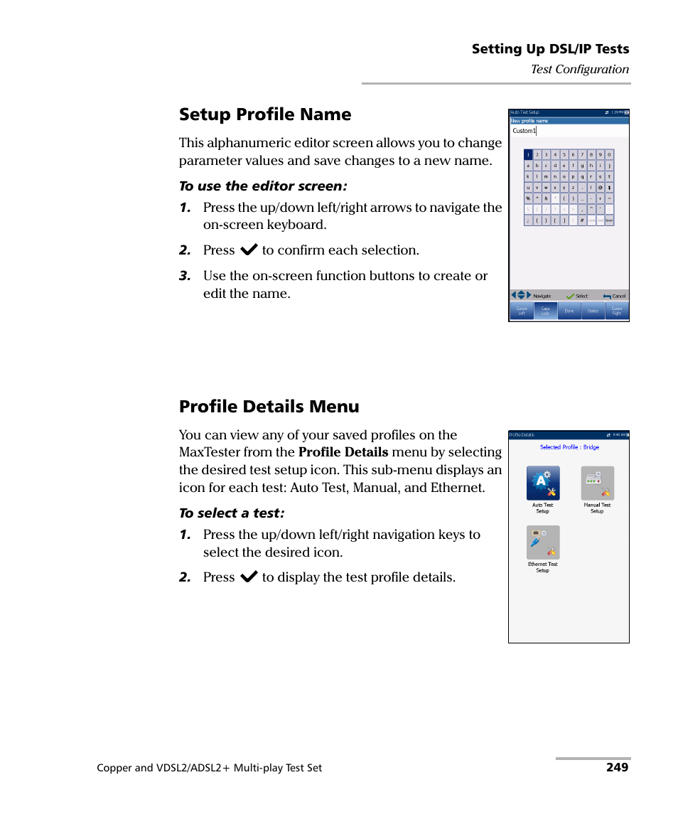 Setup profile name, Profile details menu | EXFO MaxTester 635 User Manual | Page 257 / 355