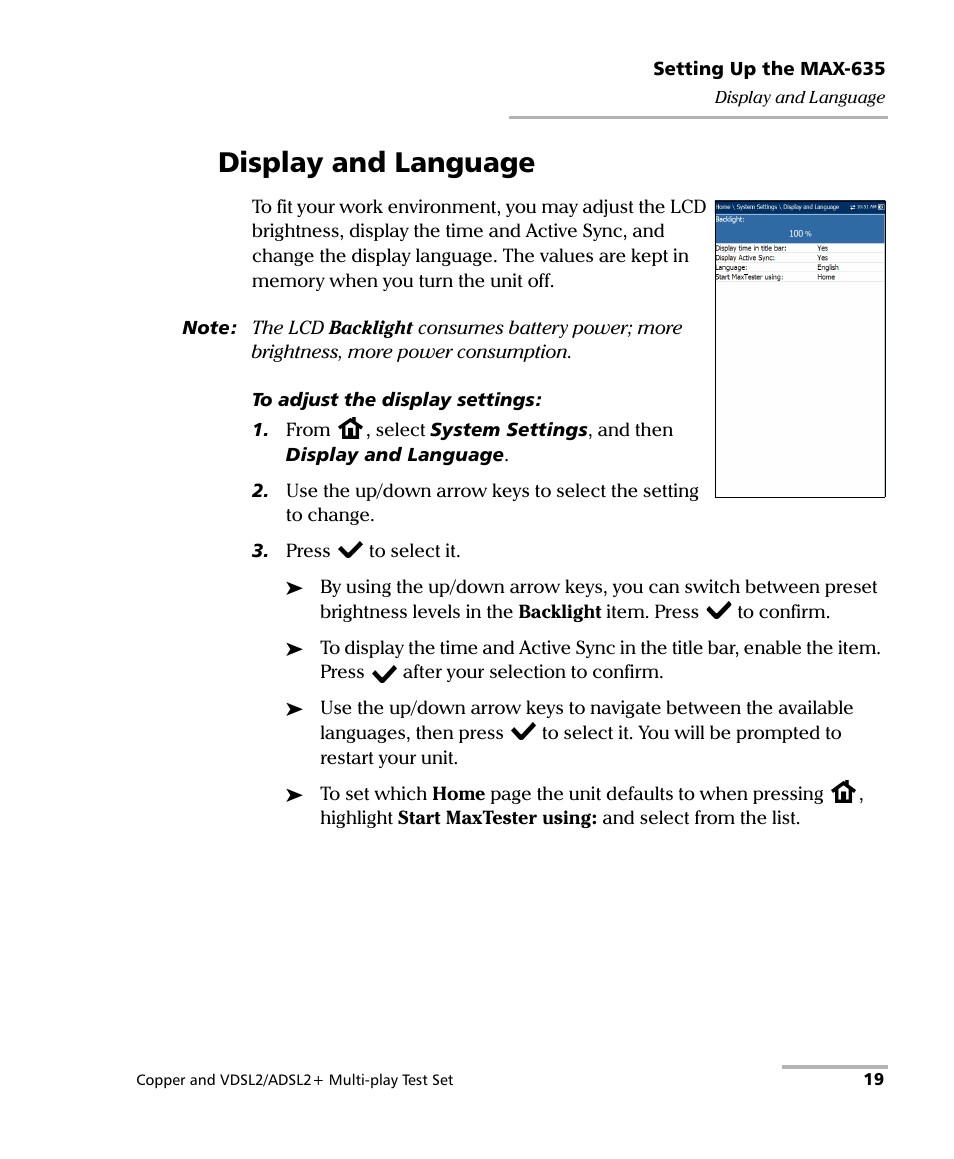 Display and language | EXFO MaxTester 635 User Manual | Page 27 / 355