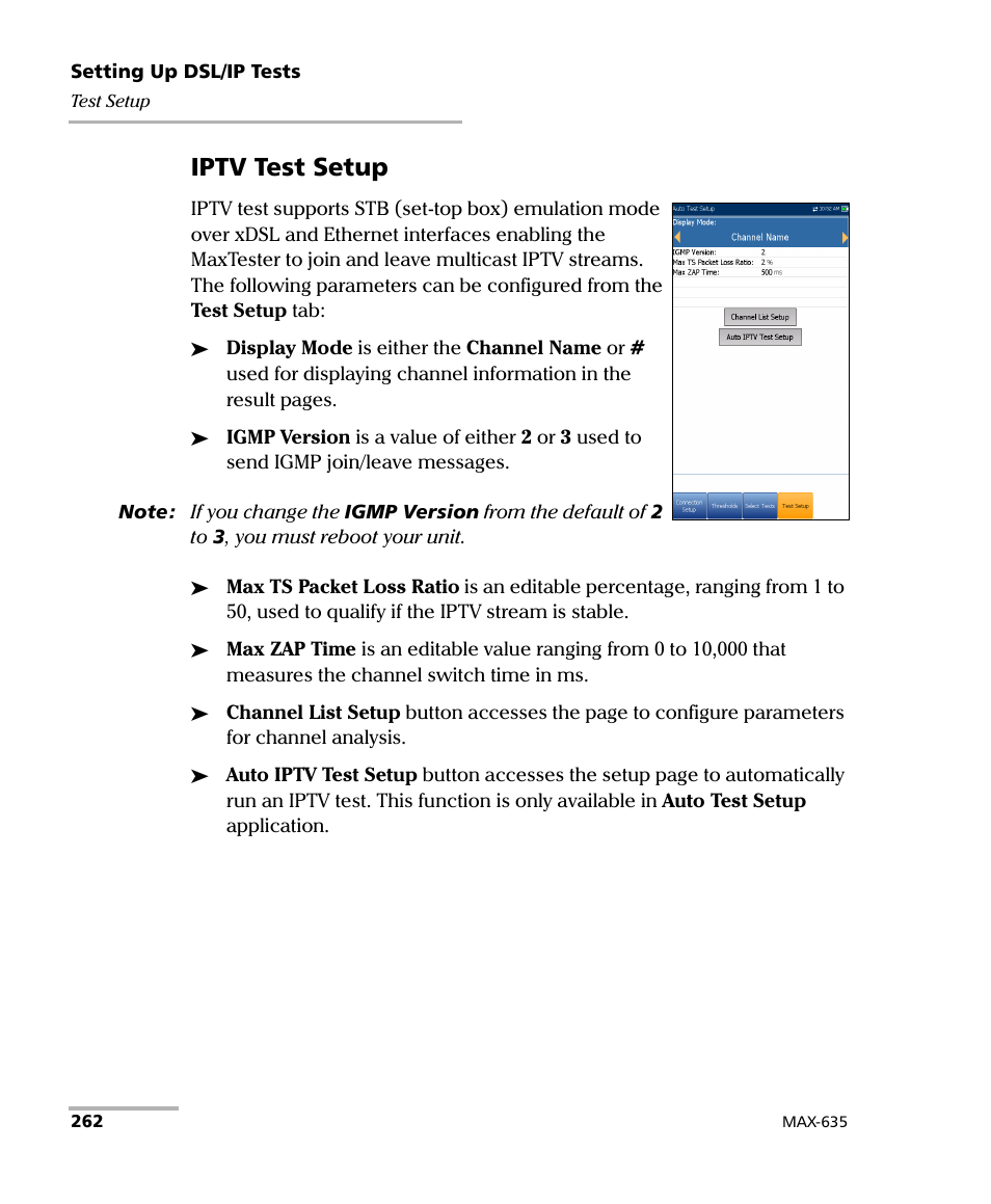 Iptv test setup | EXFO MaxTester 635 User Manual | Page 270 / 355