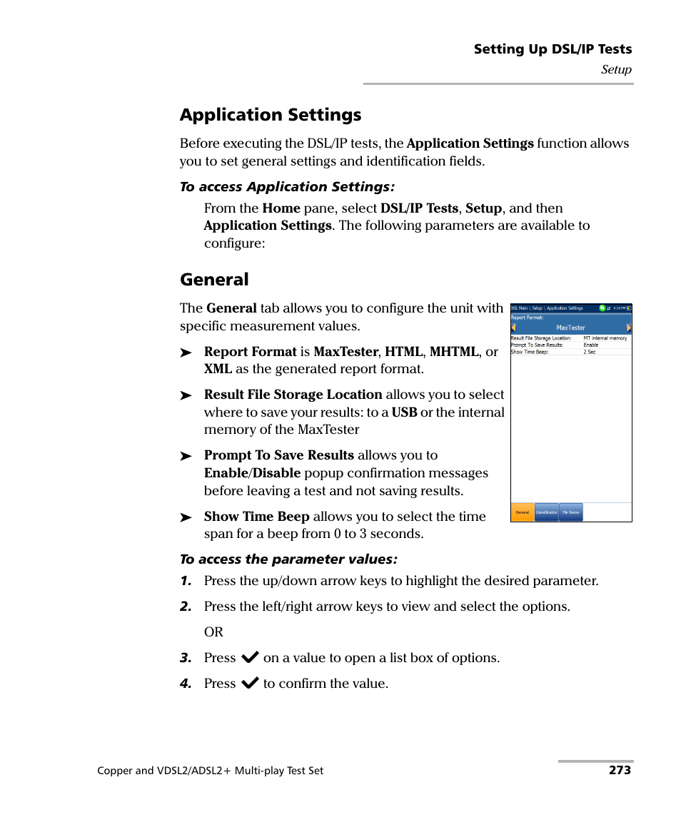 Application settings, General | EXFO MaxTester 635 User Manual | Page 281 / 355