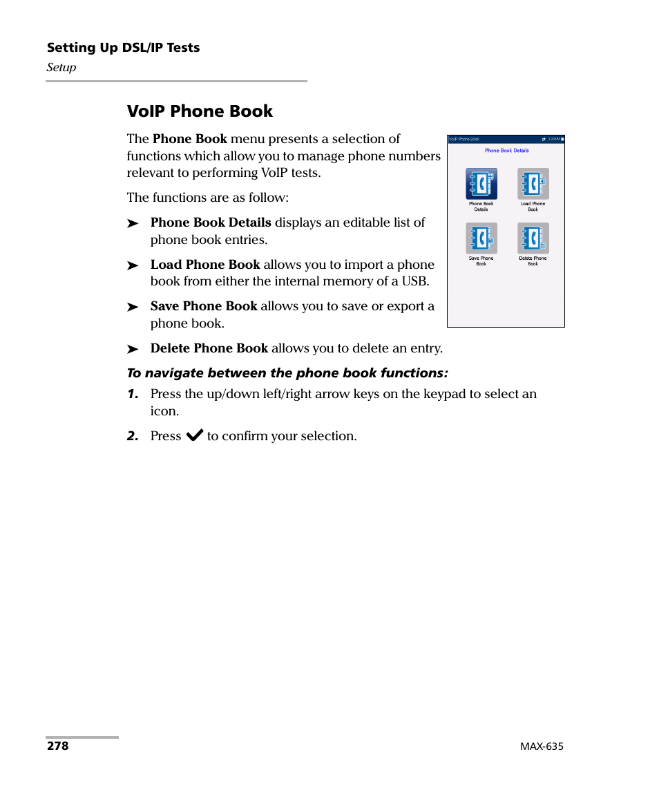 Voip phone book | EXFO MaxTester 635 User Manual | Page 286 / 355