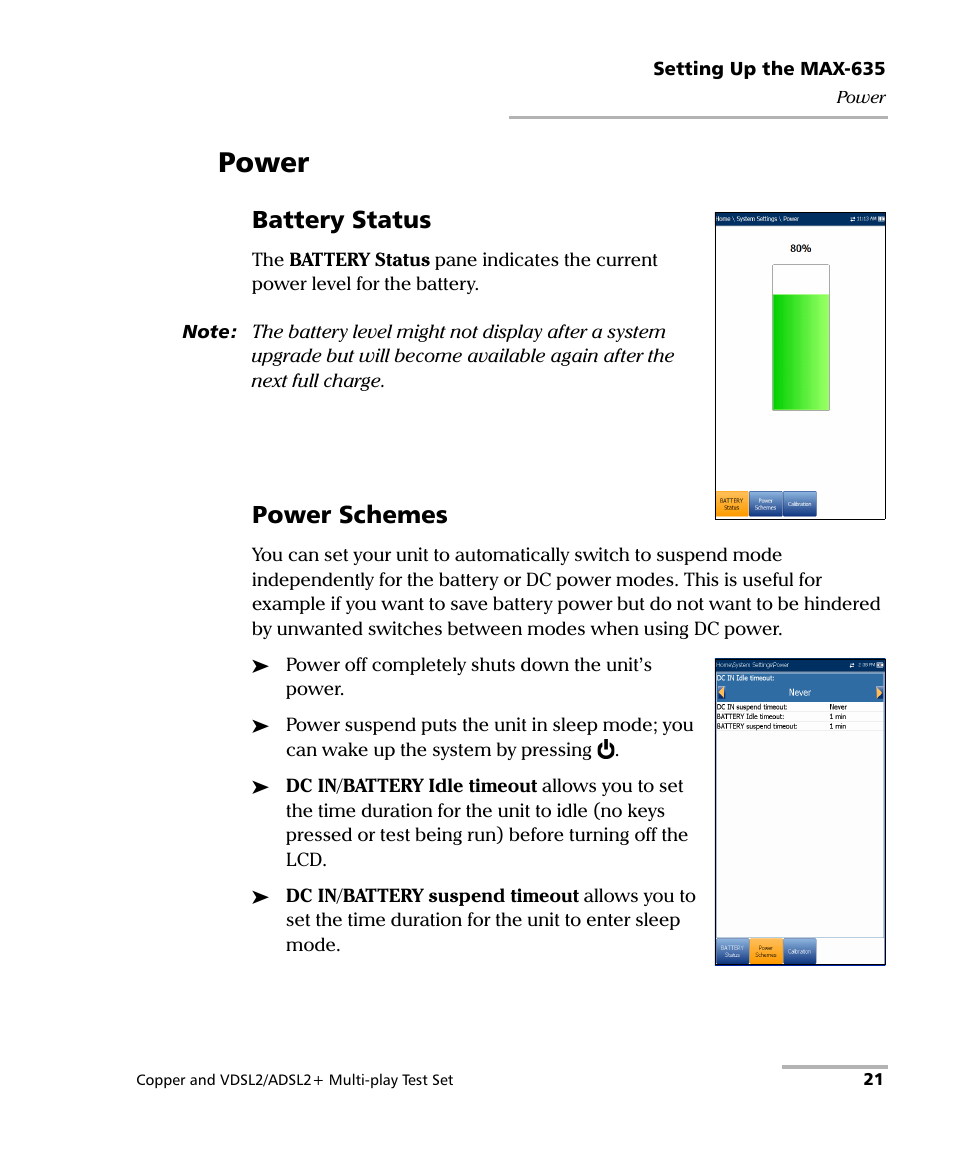 Power, Battery status, Power schemes | EXFO MaxTester 635 User Manual | Page 29 / 355