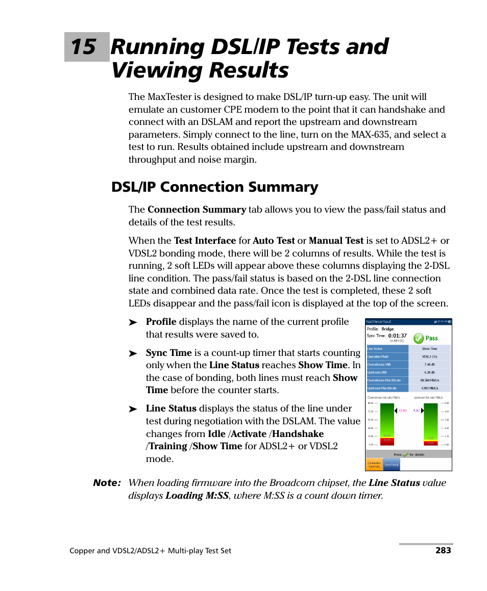 15 running dsl/ip tests and viewing results, Dsl/ip connection summary | EXFO MaxTester 635 User Manual | Page 291 / 355