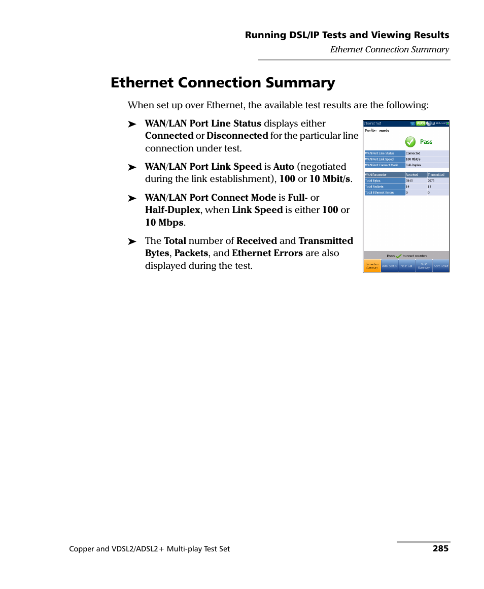 Ethernet connection summary | EXFO MaxTester 635 User Manual | Page 293 / 355