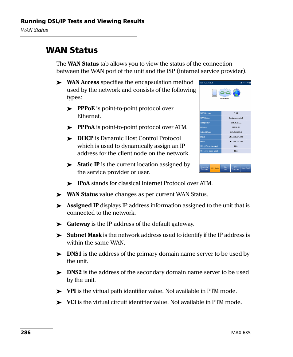 Wan status | EXFO MaxTester 635 User Manual | Page 294 / 355
