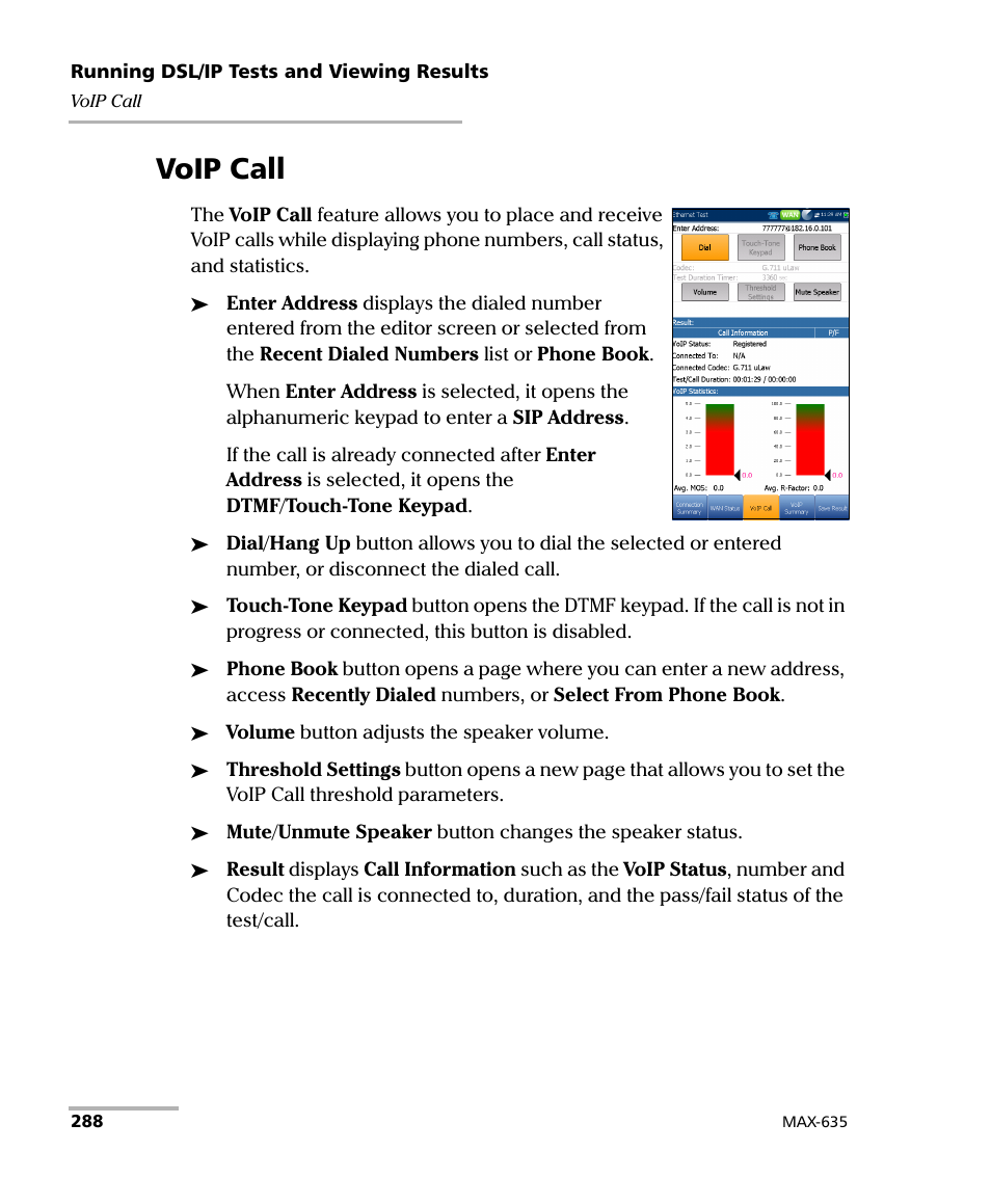 Voip call | EXFO MaxTester 635 User Manual | Page 296 / 355