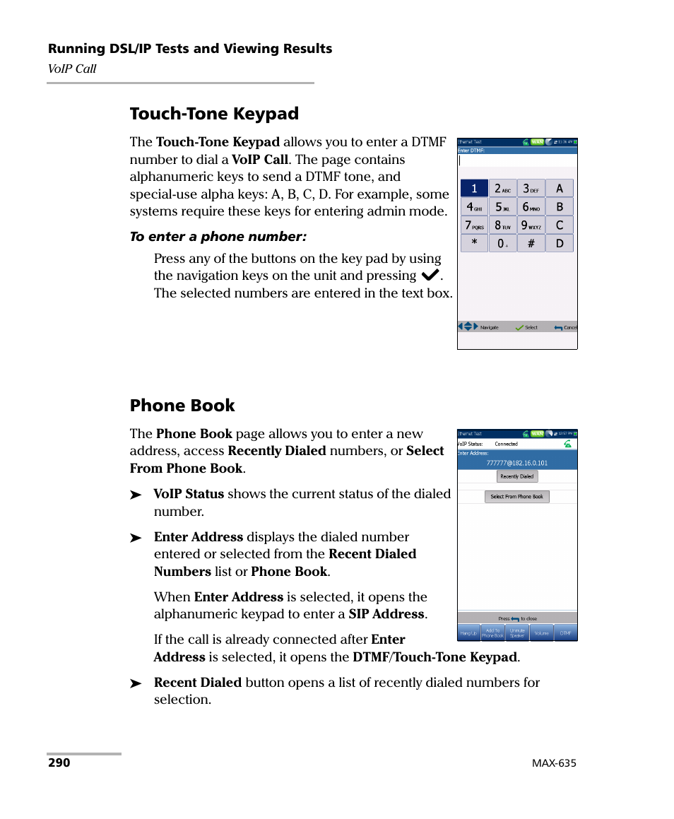 Touch-tone keypad, Phone book | EXFO MaxTester 635 User Manual | Page 298 / 355