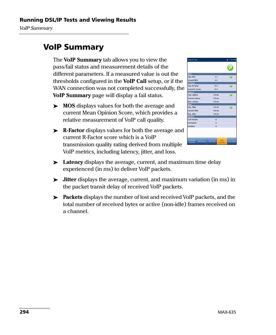Voip summary | EXFO MaxTester 635 User Manual | Page 302 / 355