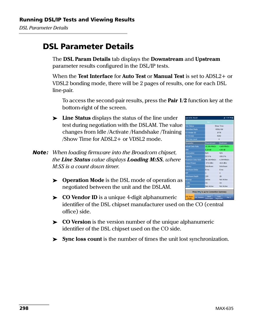 Dsl parameter details | EXFO MaxTester 635 User Manual | Page 306 / 355
