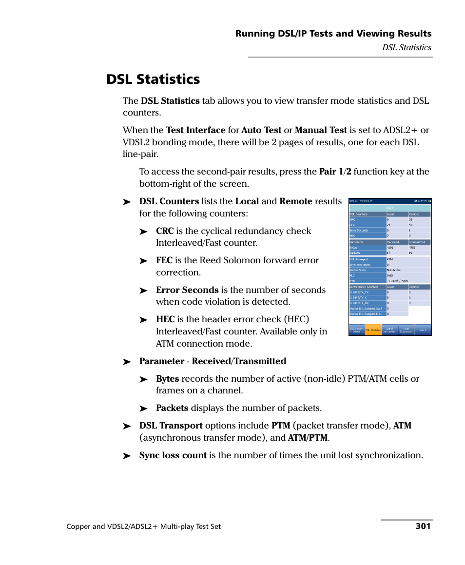 Dsl statistics | EXFO MaxTester 635 User Manual | Page 309 / 355