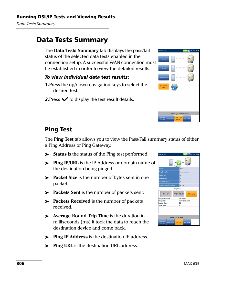 Data tests summary, Ping test | EXFO MaxTester 635 User Manual | Page 314 / 355