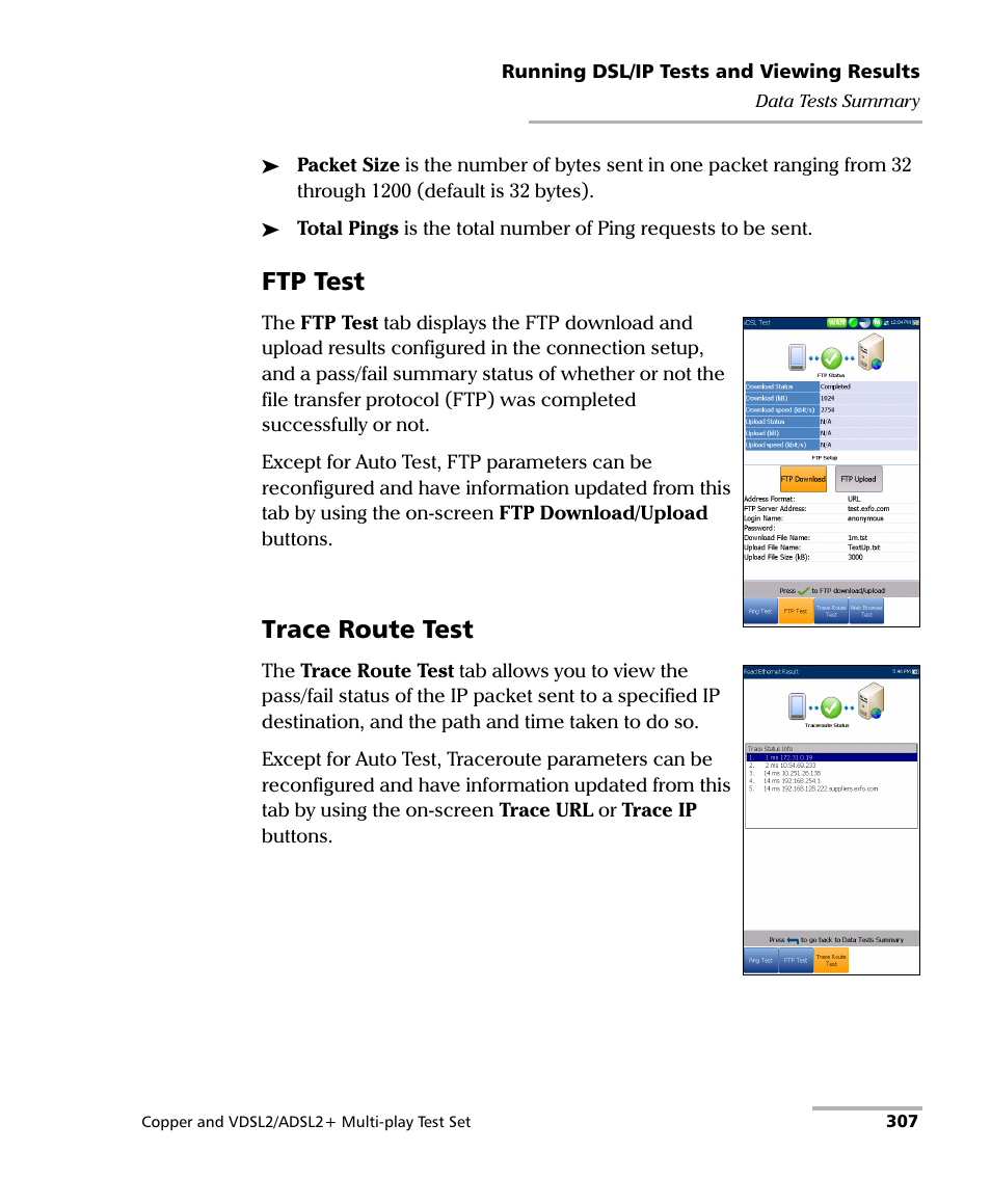 Ftp test, Trace route test | EXFO MaxTester 635 User Manual | Page 315 / 355