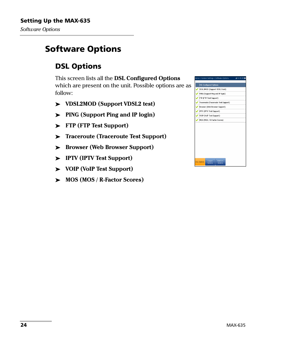 Software options, Dsl options | EXFO MaxTester 635 User Manual | Page 32 / 355