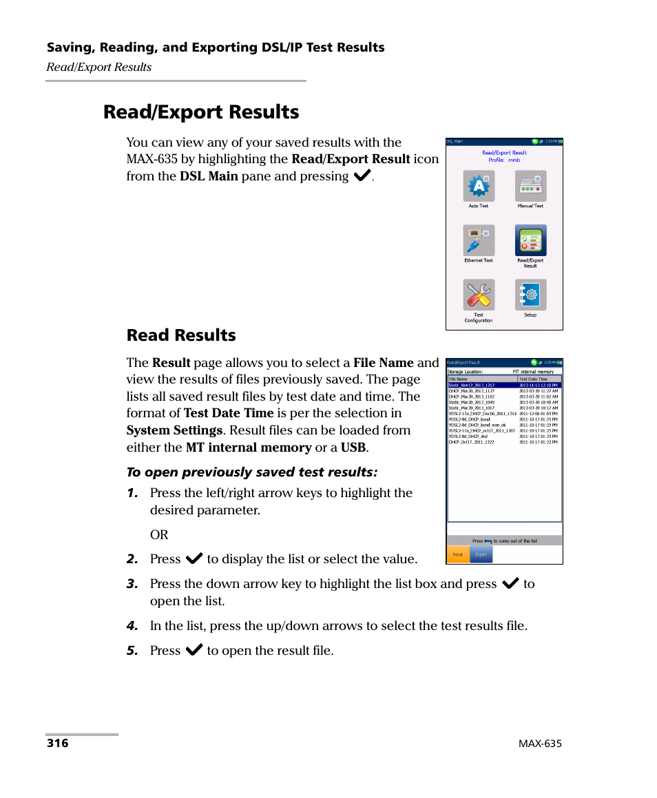 Read/export results, Read results | EXFO MaxTester 635 User Manual | Page 324 / 355