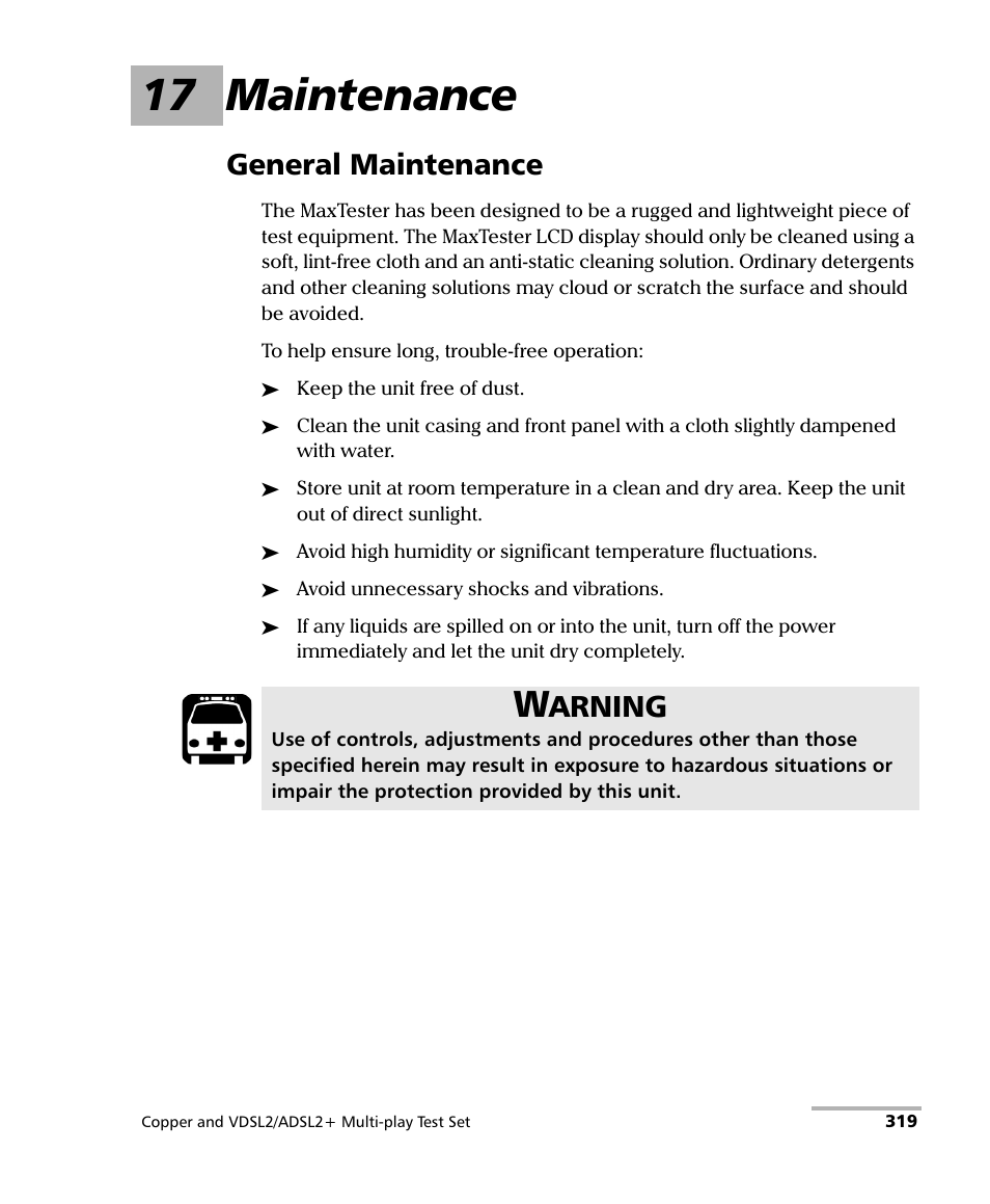 17 maintenance, General maintenance, Arning | EXFO MaxTester 635 User Manual | Page 327 / 355
