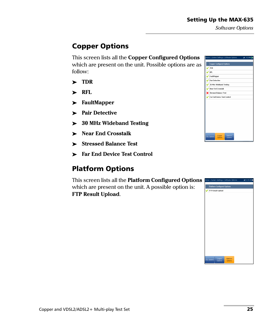 Copper options, Platform options | EXFO MaxTester 635 User Manual | Page 33 / 355