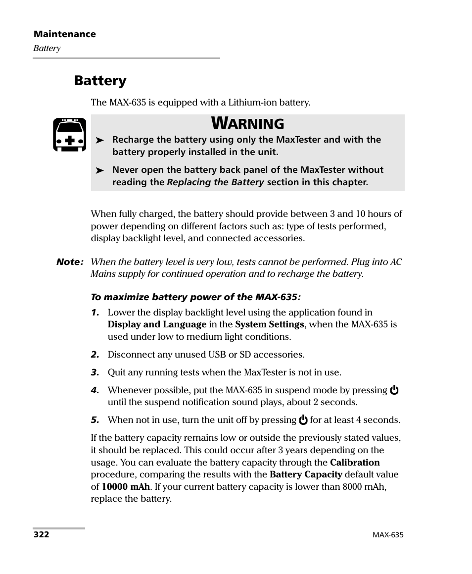 Battery, Arning | EXFO MaxTester 635 User Manual | Page 330 / 355