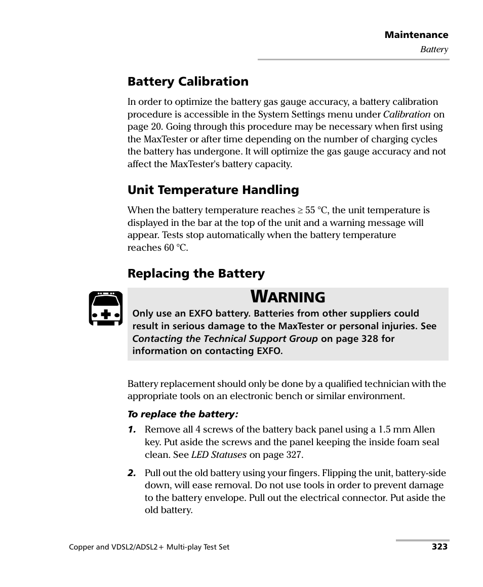Battery calibration, Unit temperature handling, Replacing the battery | Arning | EXFO MaxTester 635 User Manual | Page 331 / 355