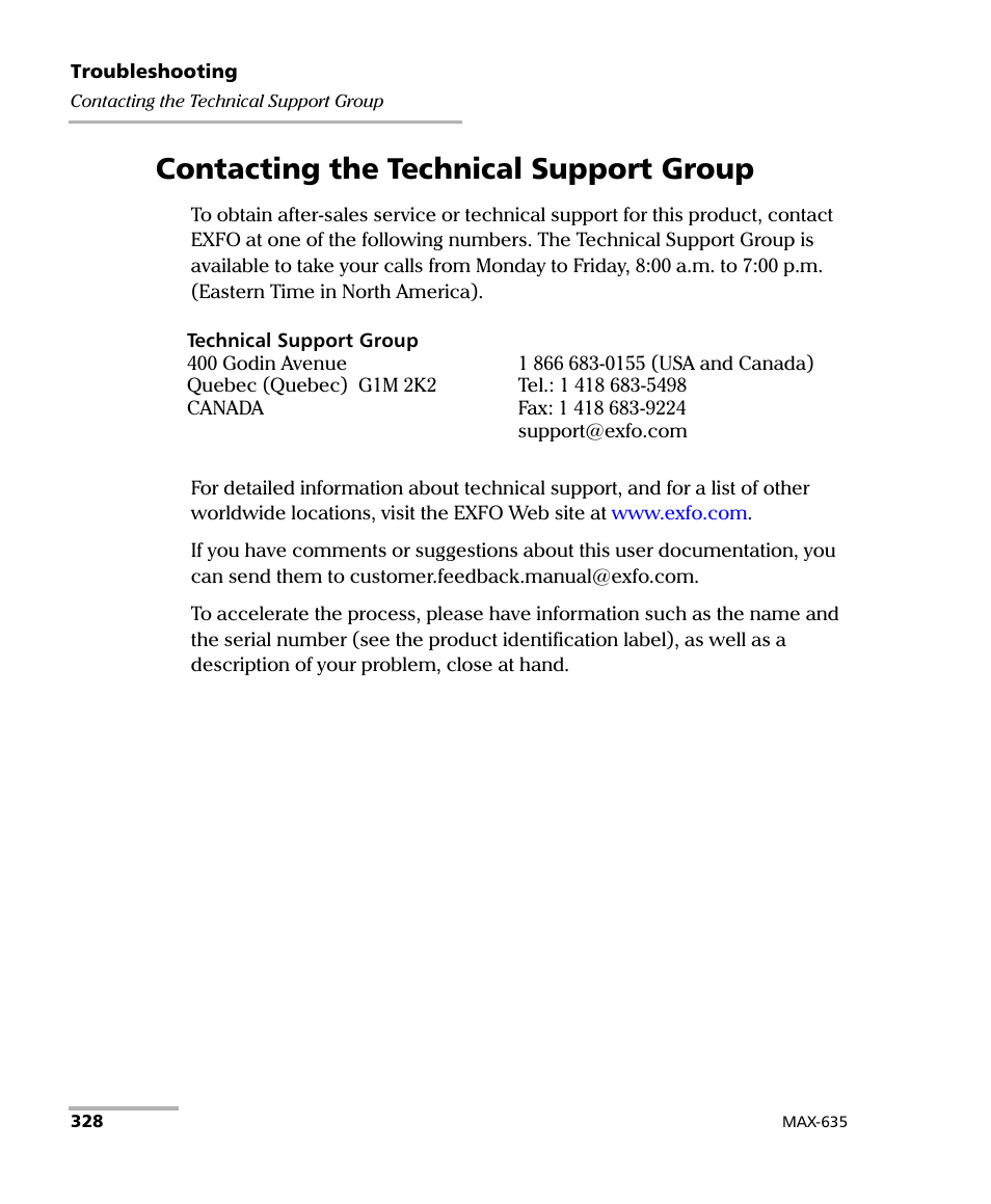 Contacting the technical support group | EXFO MaxTester 635 User Manual | Page 336 / 355