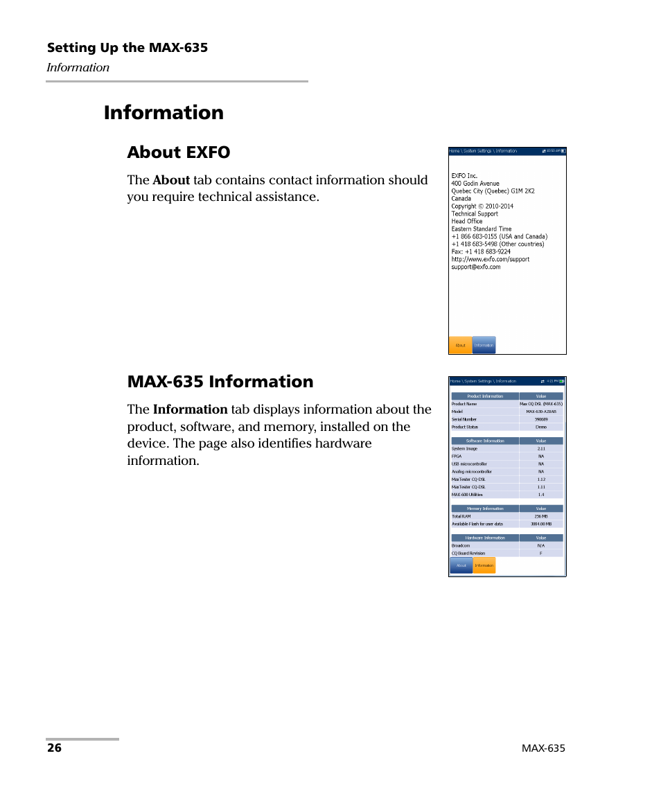 Information, About exfo, Max-635 information | EXFO MaxTester 635 User Manual | Page 34 / 355
