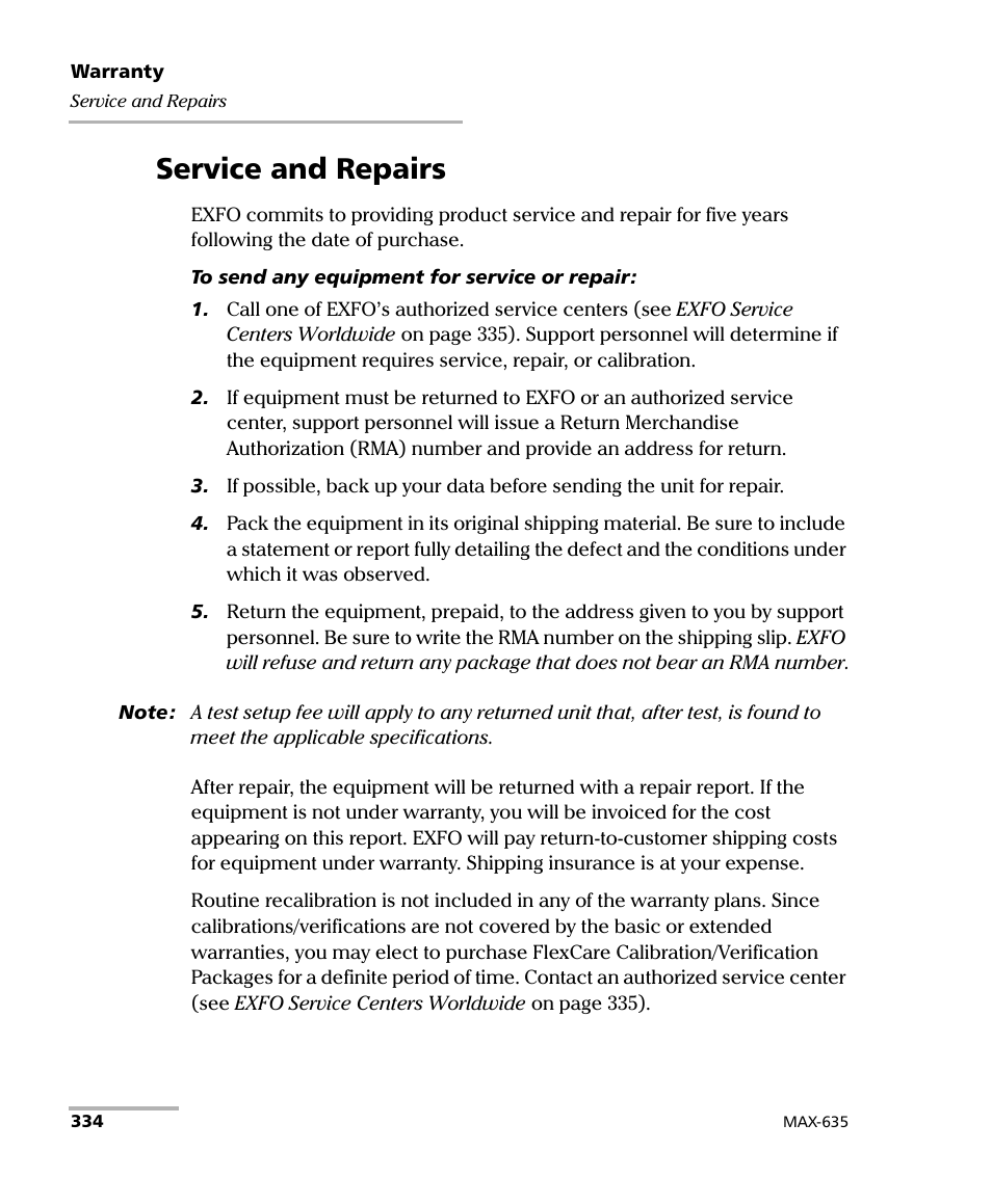 Service and repairs | EXFO MaxTester 635 User Manual | Page 342 / 355