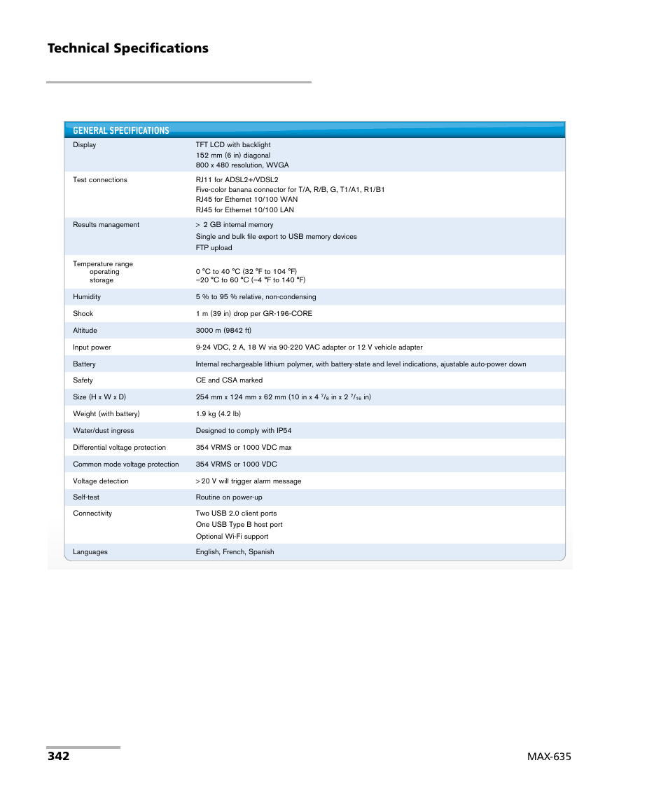Technical specifications, Max-635 general specifications | EXFO MaxTester 635 User Manual | Page 350 / 355