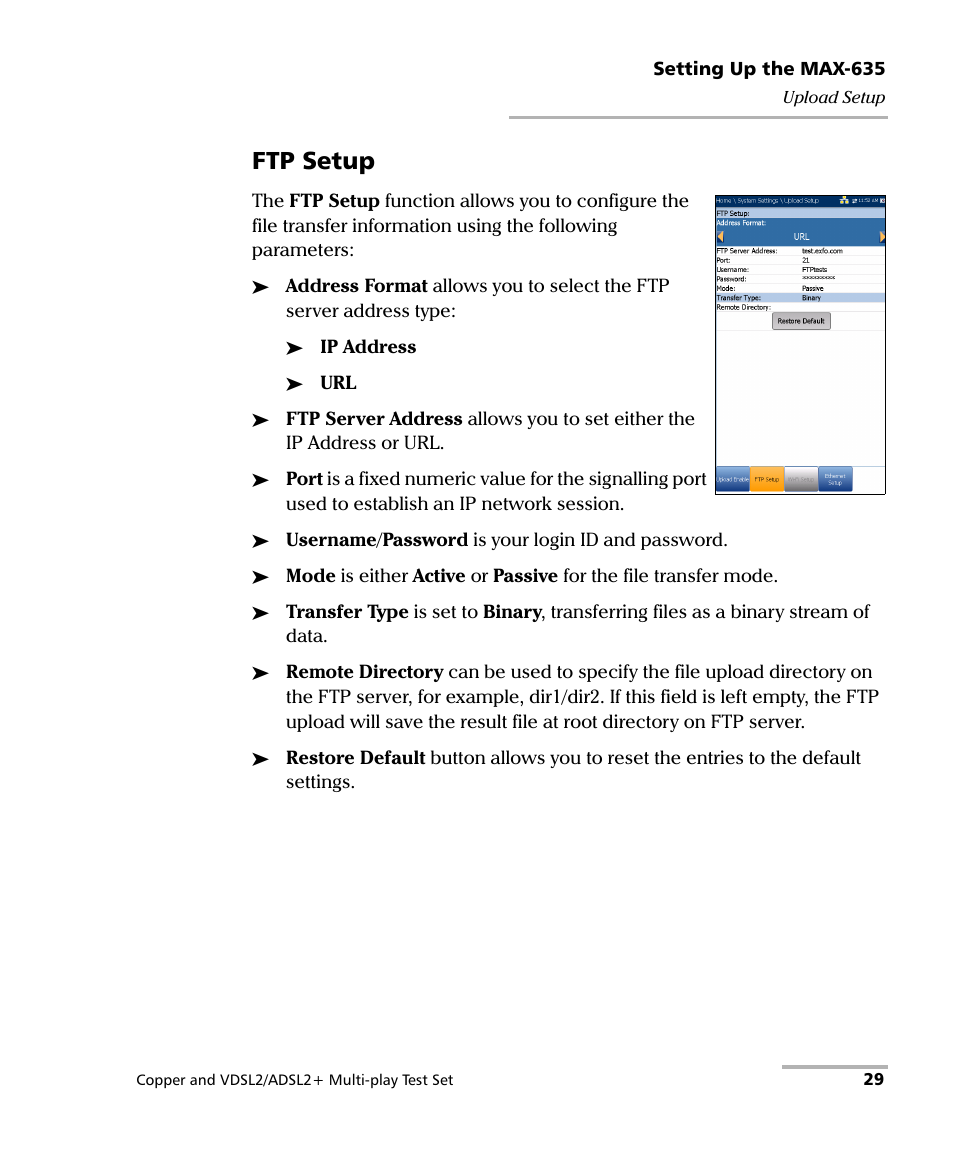 Ftp setup | EXFO MaxTester 635 User Manual | Page 37 / 355
