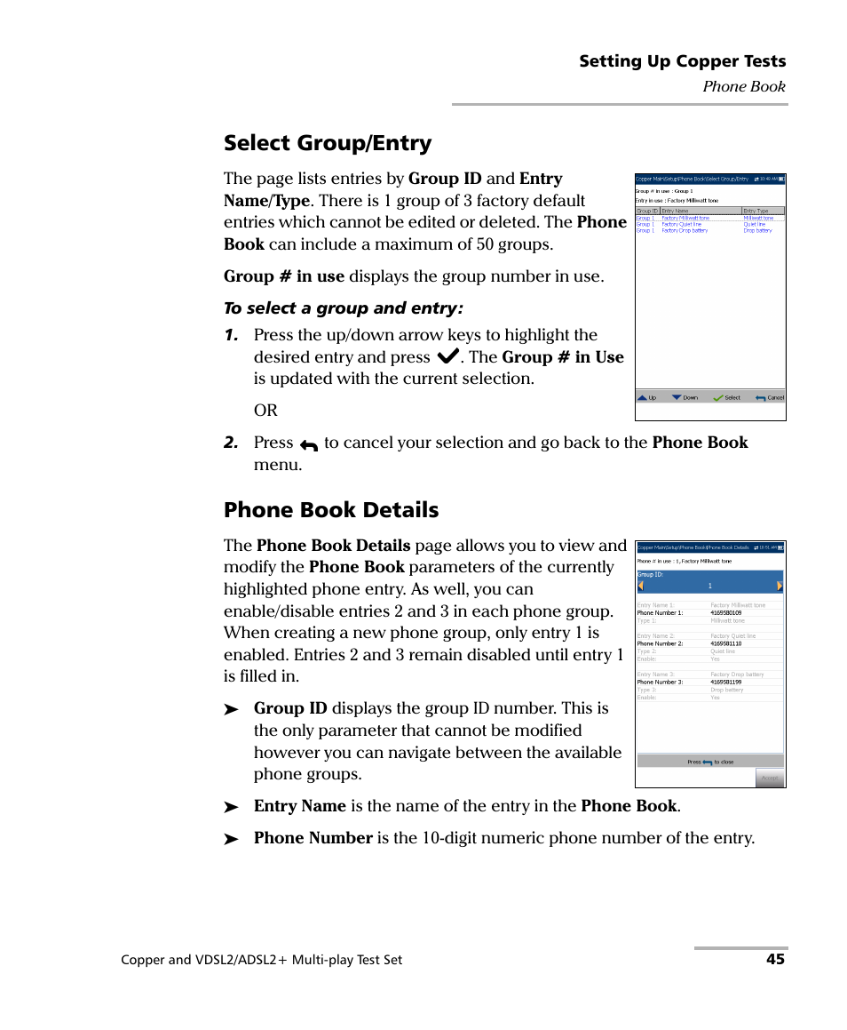 Select group/entry, Phone book details | EXFO MaxTester 635 User Manual | Page 53 / 355
