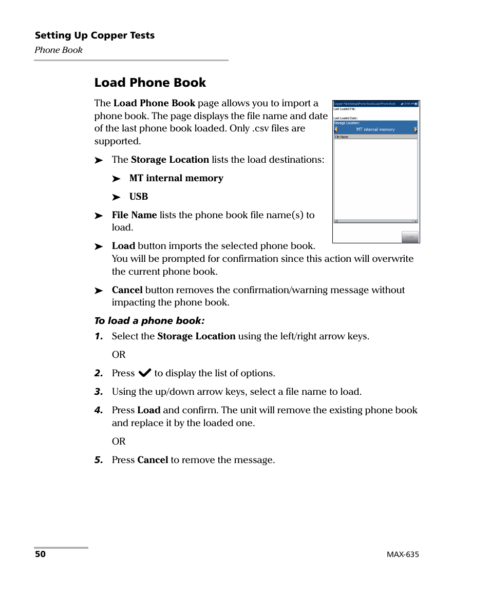 Load phone book | EXFO MaxTester 635 User Manual | Page 58 / 355