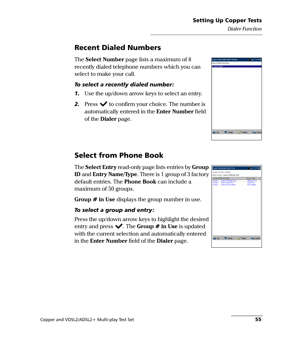 Recent dialed numbers, Select from phone book | EXFO MaxTester 635 User Manual | Page 63 / 355