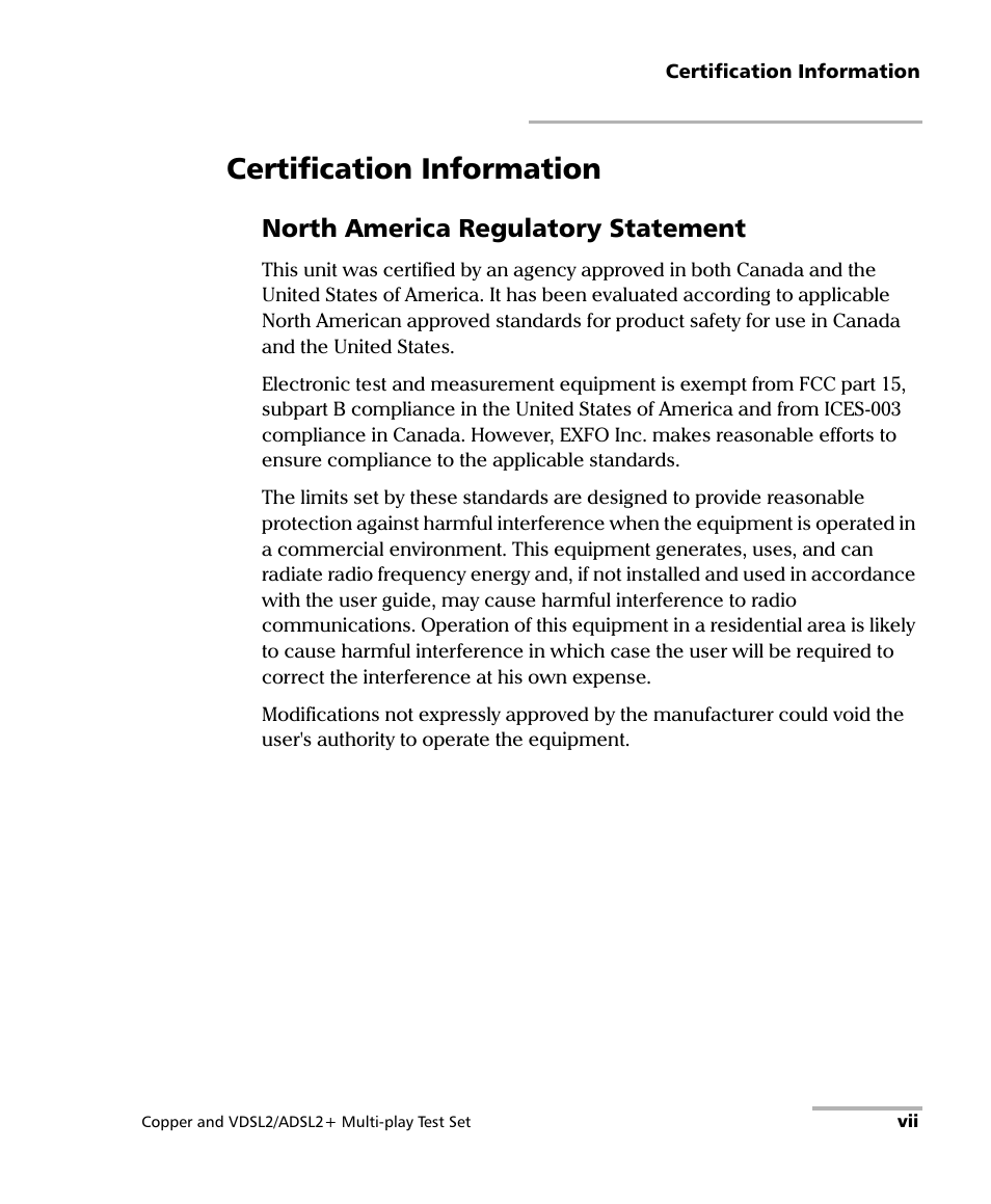 Certification information, North america regulatory statement | EXFO MaxTester 635 User Manual | Page 7 / 355