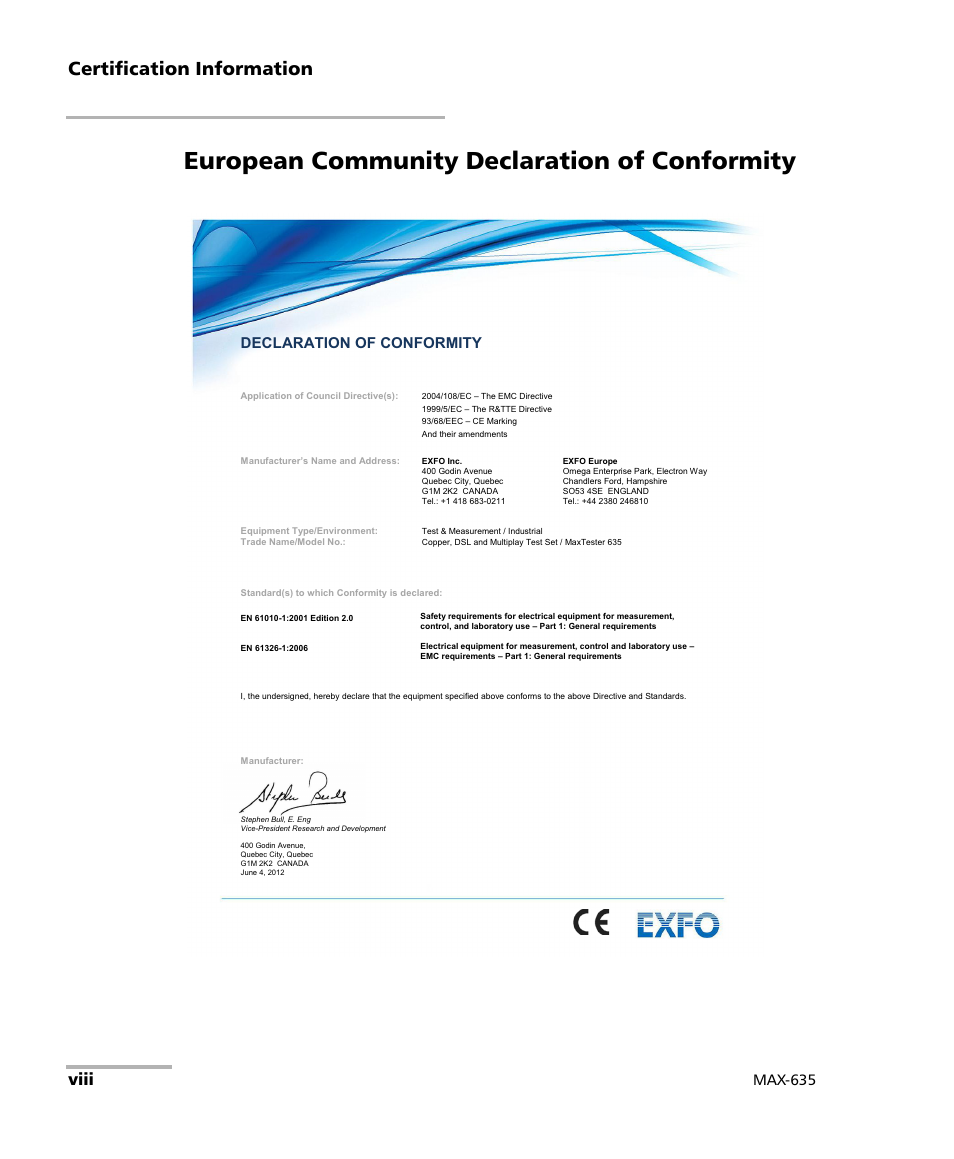 European community declaration of conformity, Certification information, Viii | Max-635, Declaration of conformity | EXFO MaxTester 635 User Manual | Page 8 / 355