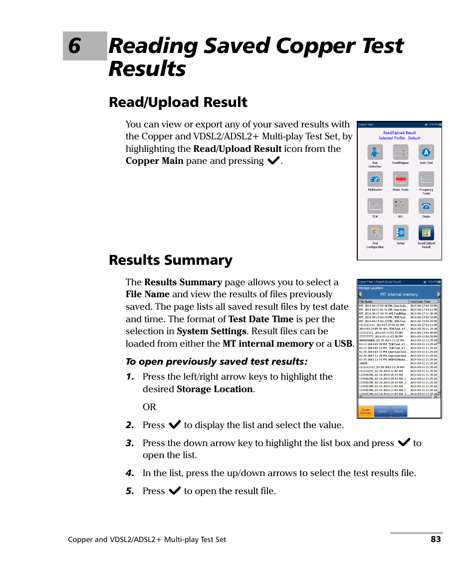 6 reading saved copper test results, Read/upload result, Results summary | Read/upload result results summary, 6reading saved copper test results | EXFO MaxTester 635 User Manual | Page 91 / 355