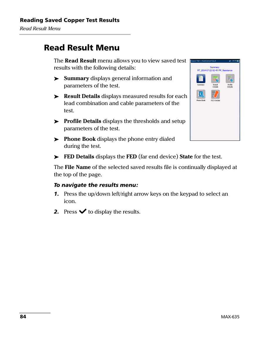 Read result menu | EXFO MaxTester 635 User Manual | Page 92 / 355