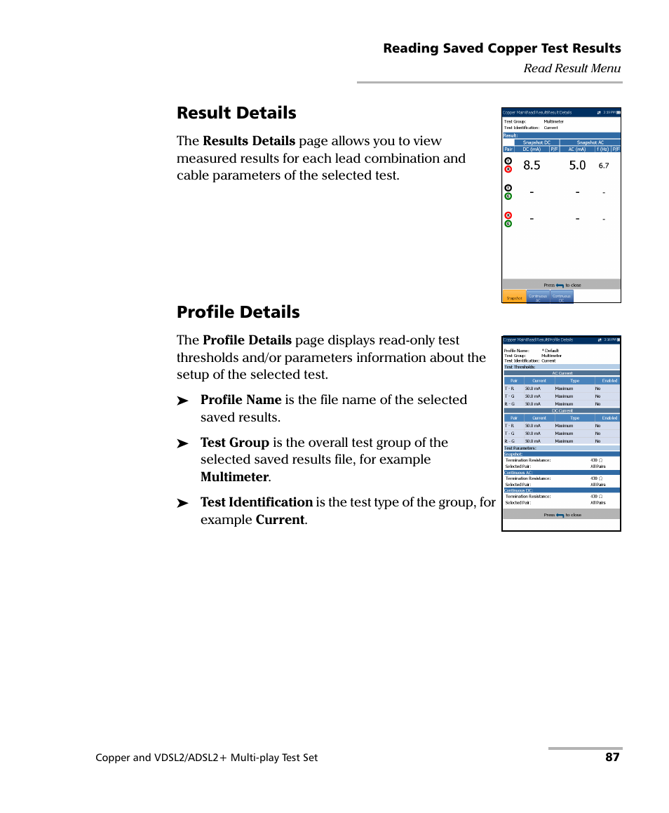 Result details, Profile details | EXFO MaxTester 635 User Manual | Page 95 / 355