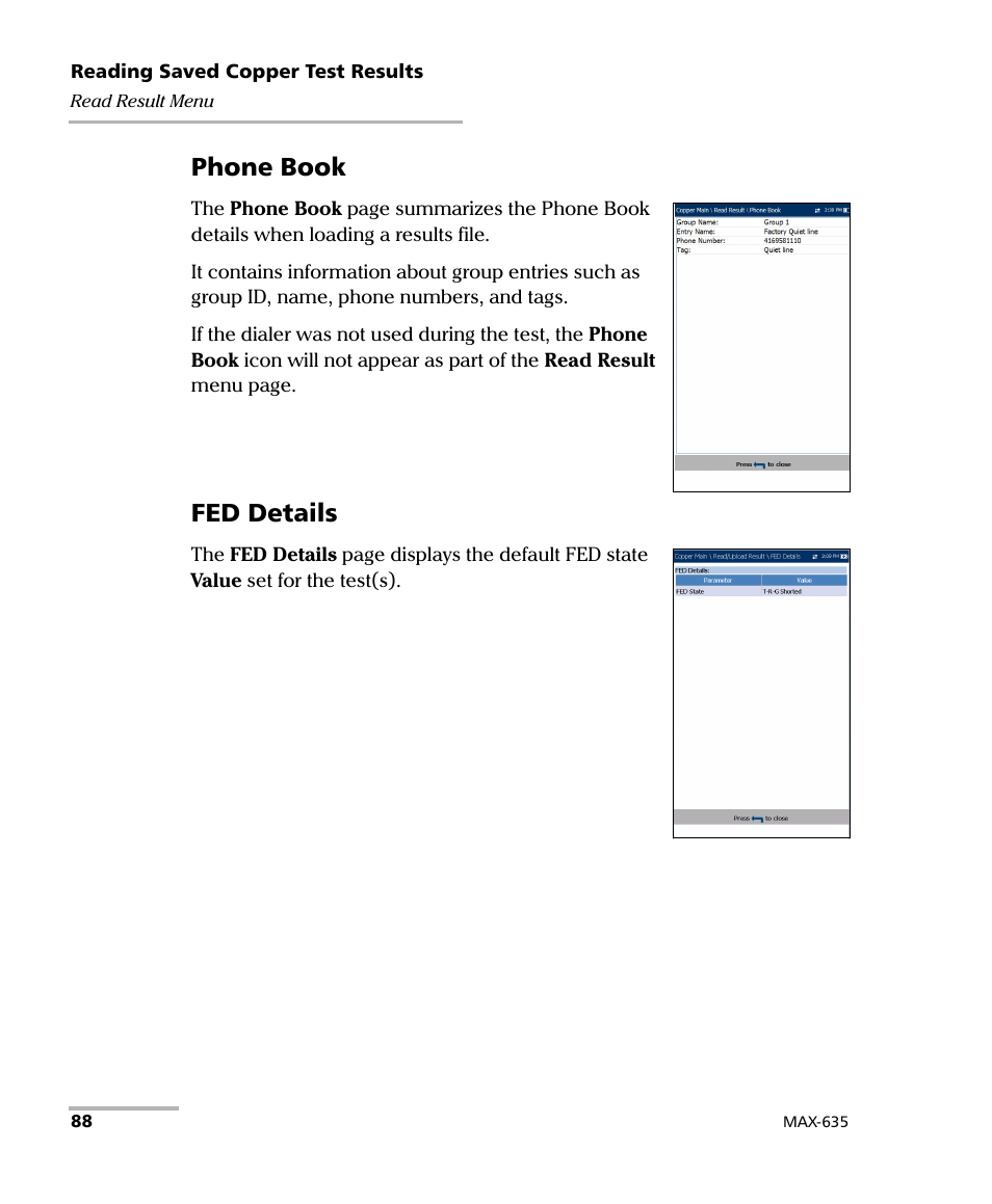 Phone book, Fed details | EXFO MaxTester 635 User Manual | Page 96 / 355