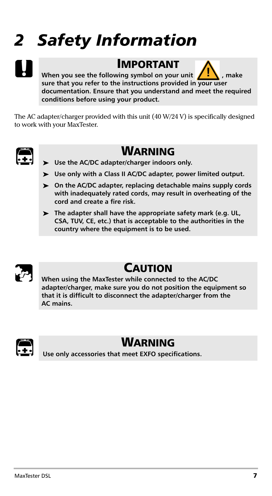 2 safety information, Mportant, Arning | Aution | EXFO MaxTester DSL User Manual | Page 13 / 58