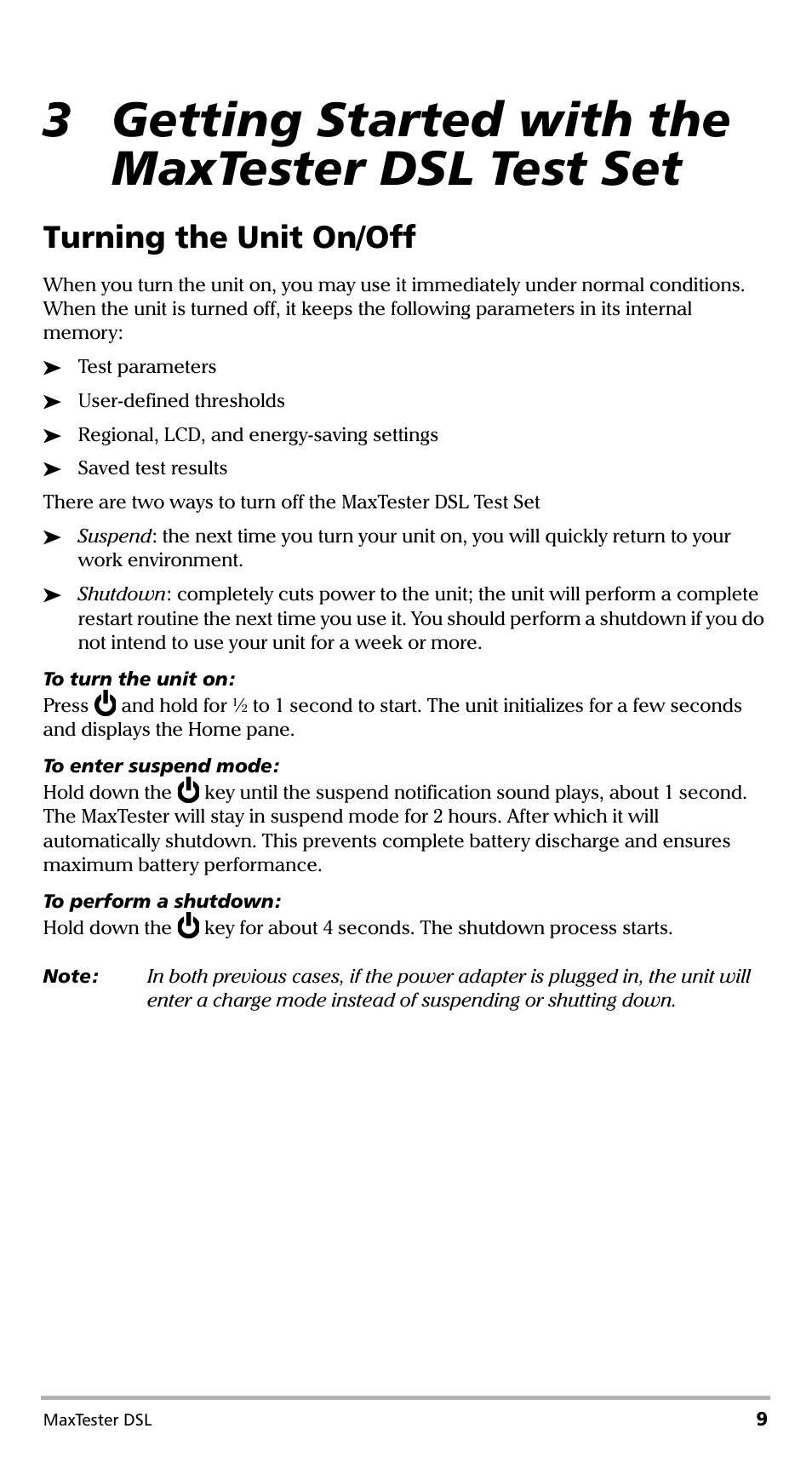 3 getting started with the maxtester dsl test set, Turning the unit on/off | EXFO MaxTester DSL User Manual | Page 15 / 58