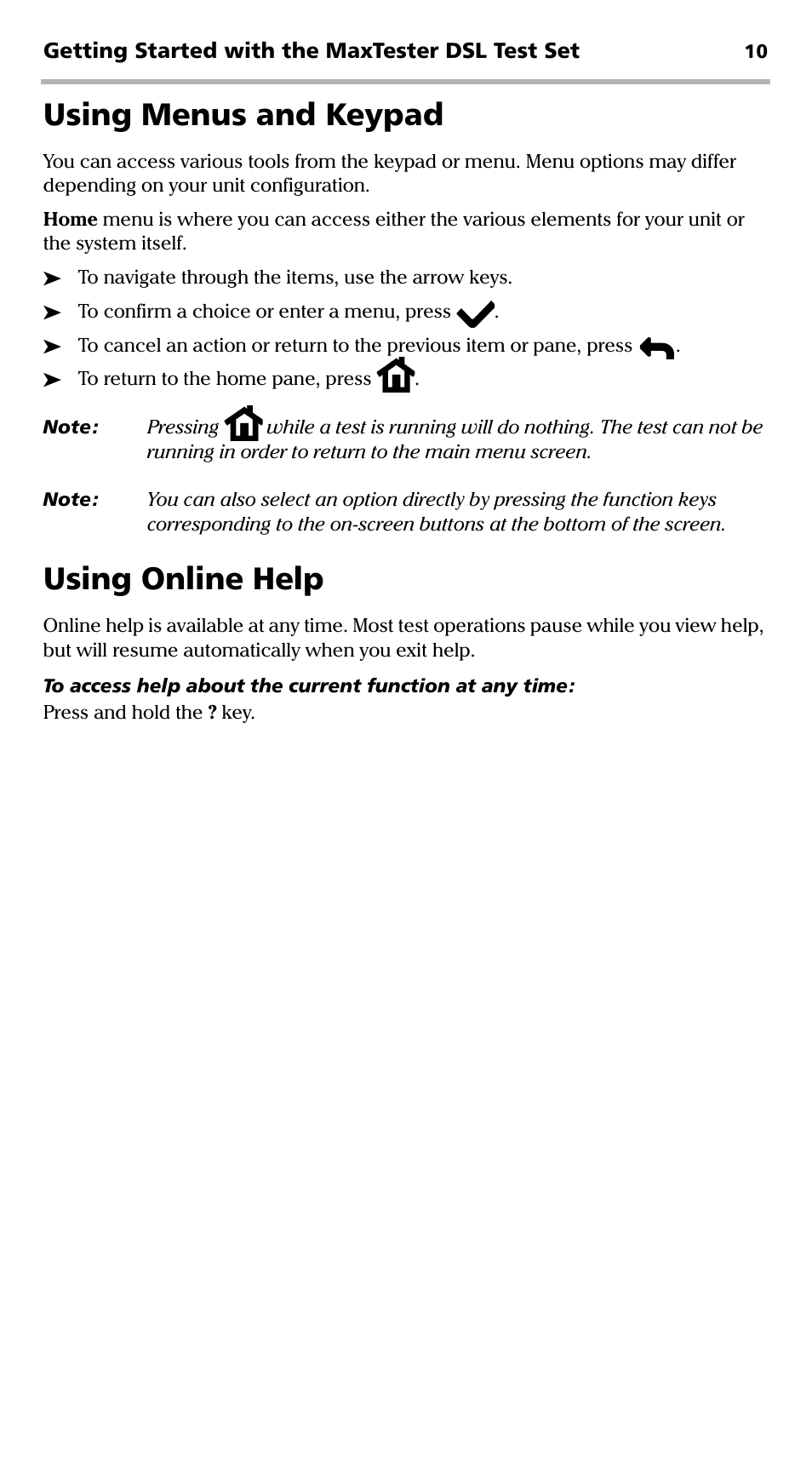 Using menus and keypad, Using online help, Using menus and keypad using online help | EXFO MaxTester DSL User Manual | Page 16 / 58