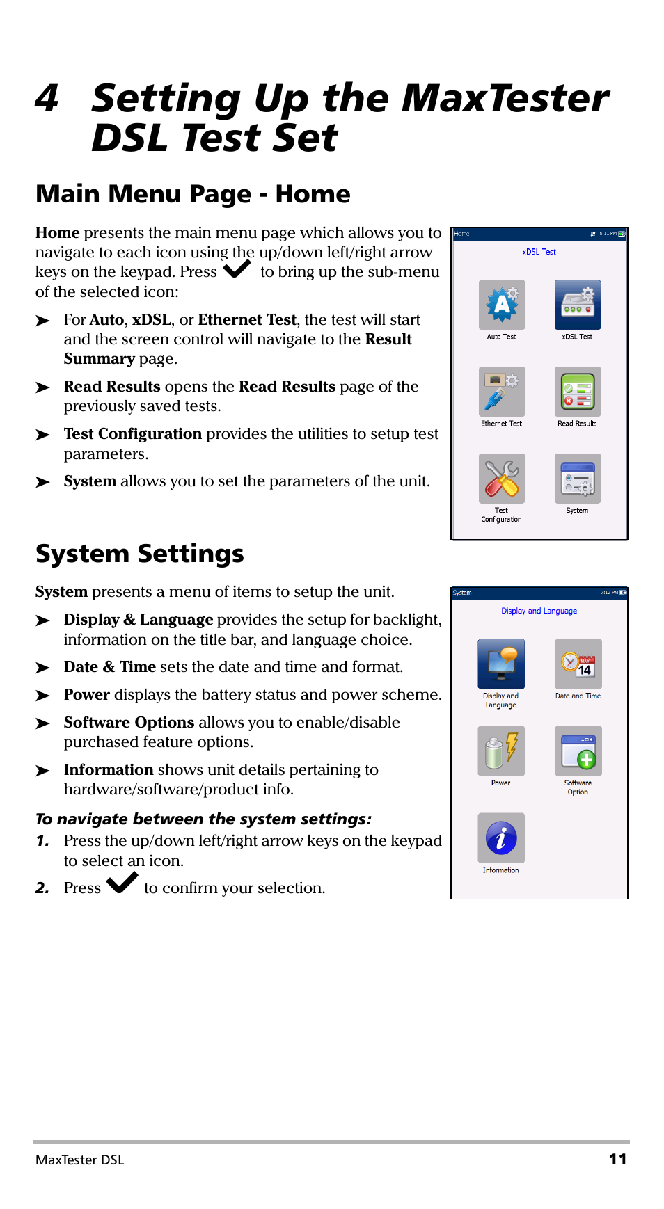 4 setting up the maxtester dsl test set, System settings, Main menu page - home | EXFO MaxTester DSL User Manual | Page 17 / 58