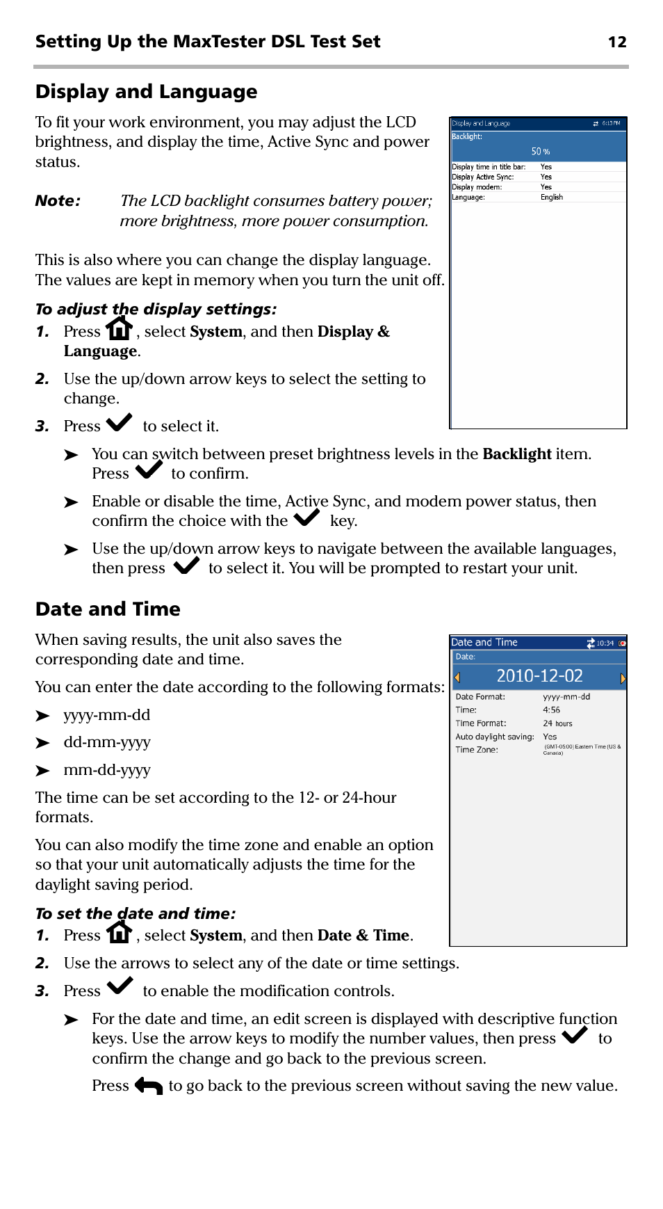 Display and language, Date and time | EXFO MaxTester DSL User Manual | Page 18 / 58