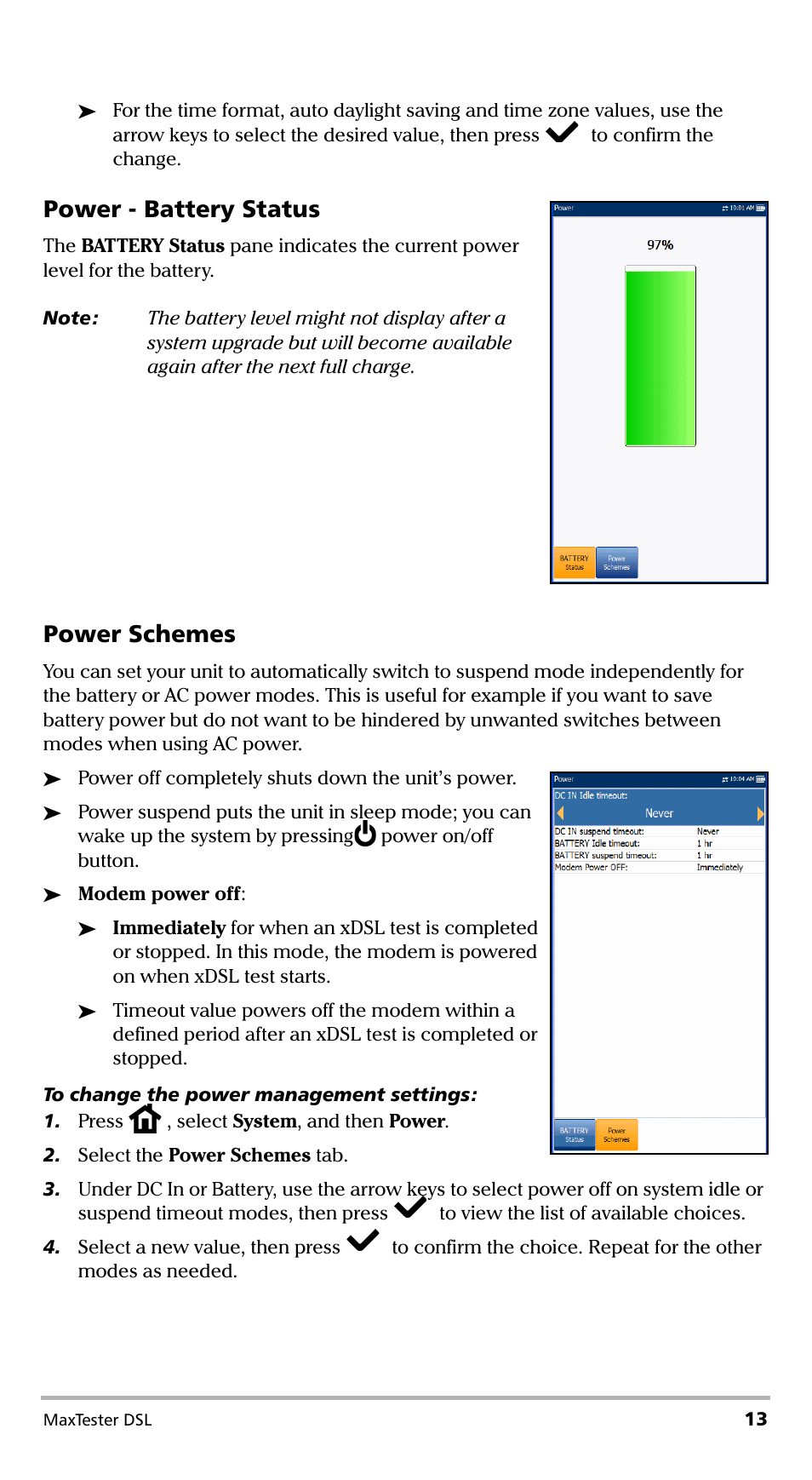 Power - battery status, Power schemes | EXFO MaxTester DSL User Manual | Page 19 / 58