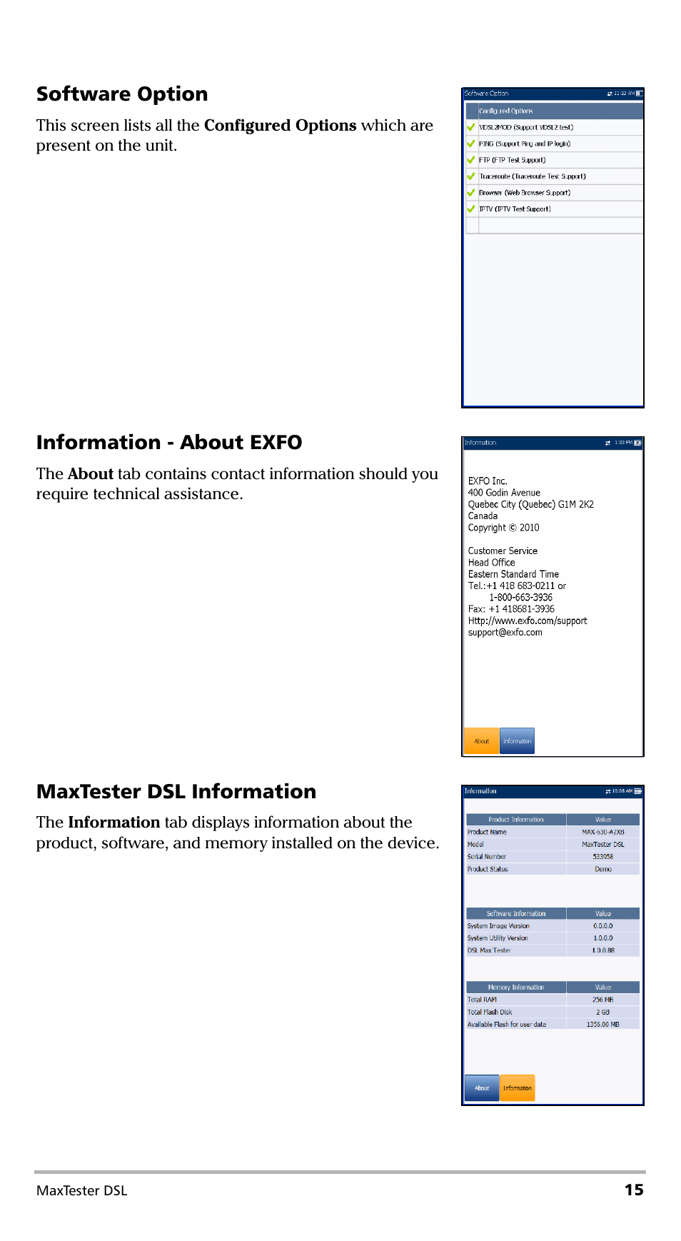 Software option, Information - about exfo, Maxtester dsl information | EXFO MaxTester DSL User Manual | Page 21 / 58