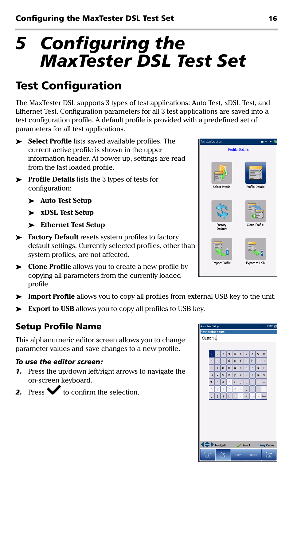 5 configuring the maxtester dsl test set, Test configuration, Setup profile name | EXFO MaxTester DSL User Manual | Page 22 / 58