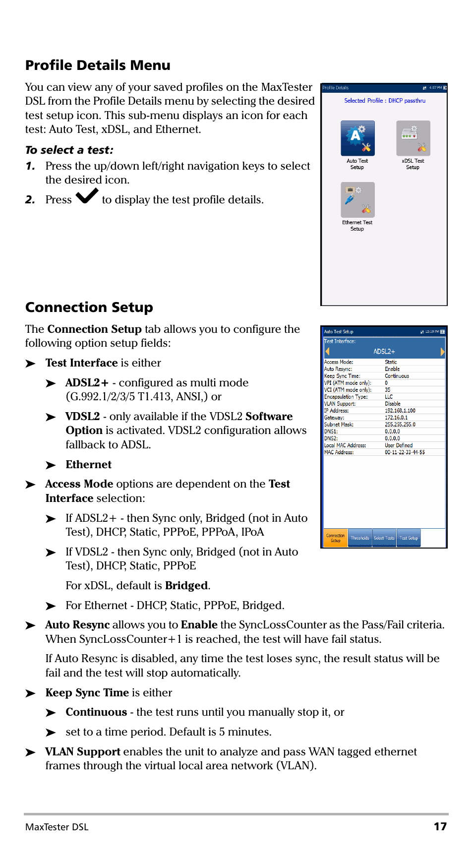 Profile details menu, Connection setup | EXFO MaxTester DSL User Manual | Page 23 / 58